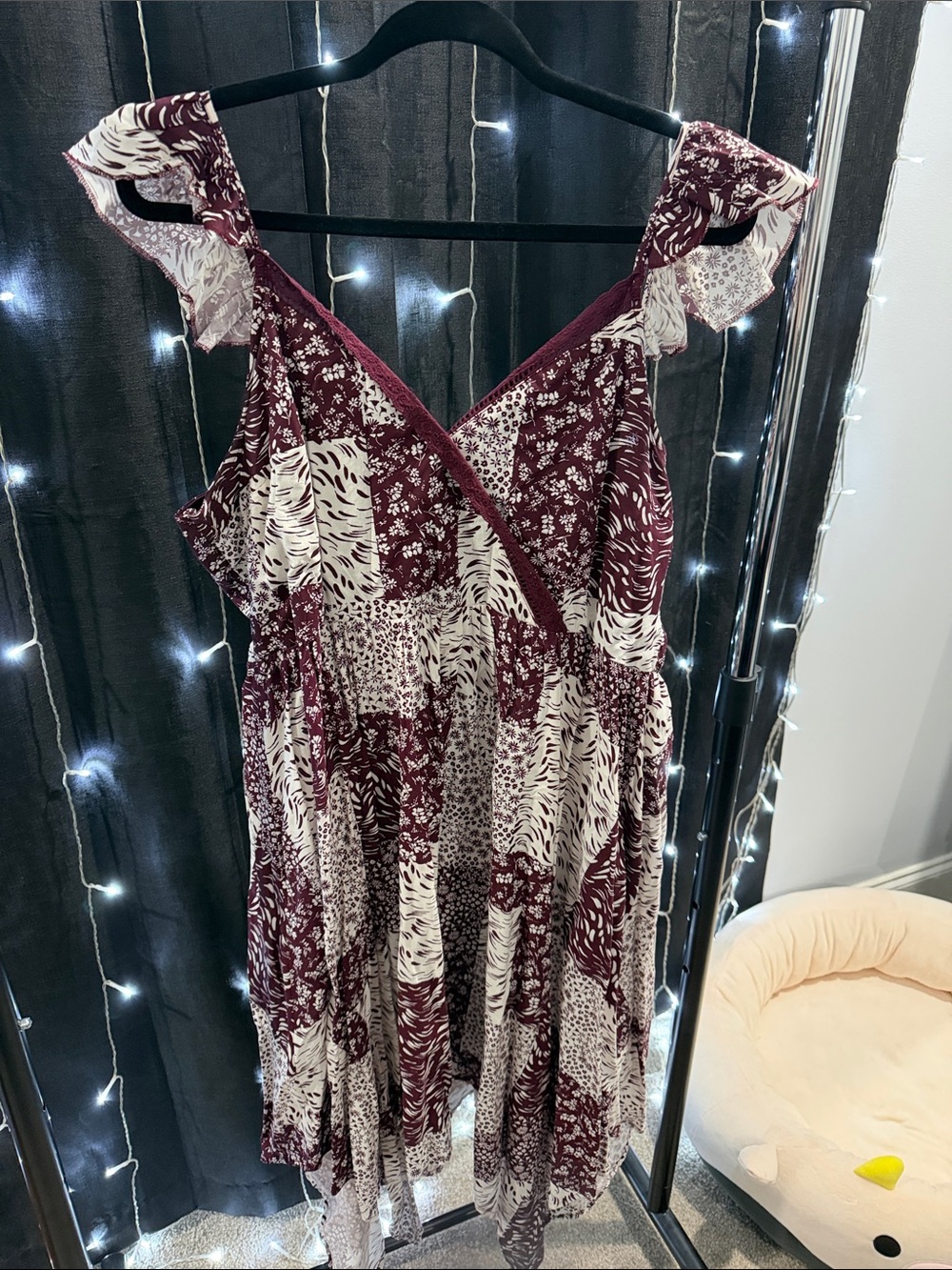 Maurices Burgundy and Cream Patchwork V-Neck Midi Dress